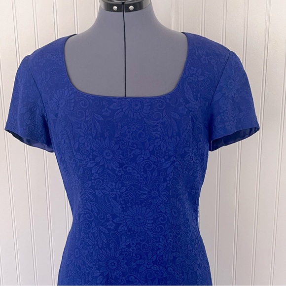Vintage Royal Blue Silk Mini Dress Scoop Neck Floral Brocade Textured Size 10 - Picture 6 of 12